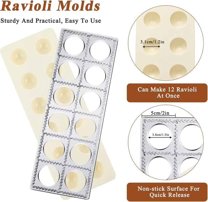 Lainballow 7 Pcs Ravioli Mold Set, Ravioli Maker Press with 1 Wood Rolling Pin, 4 Ravioli Cutter, 12 Holes Ravioli Stamp Pasta Making Kit for Ravioli Pasta Dumpling Meat Pie - Image 3